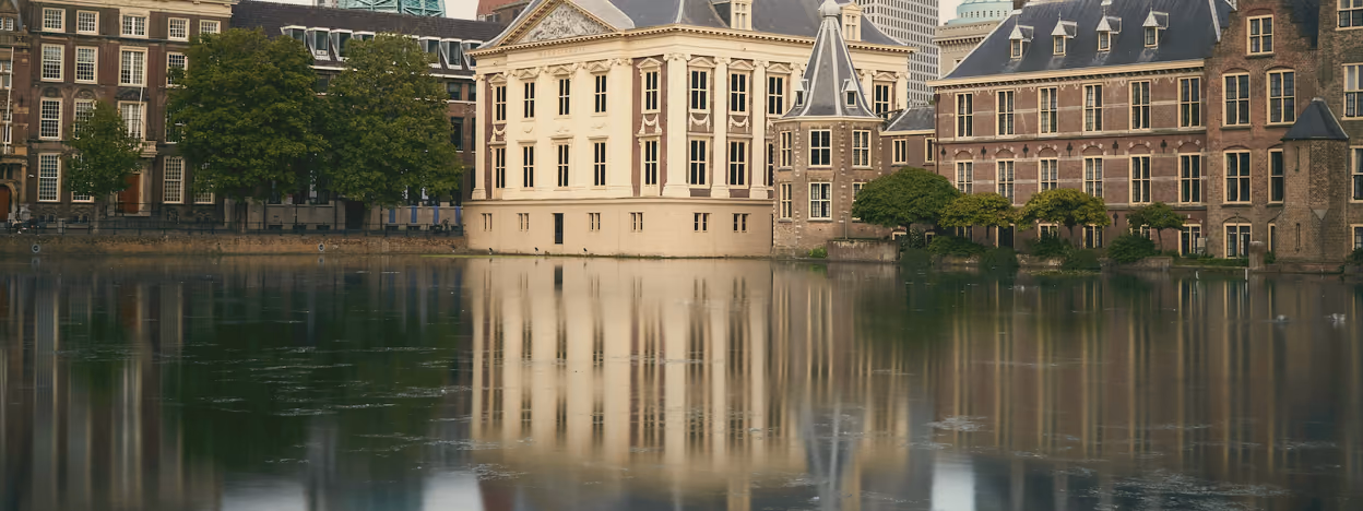 The Mauritshuis and the Binnenhof reflected in the Hofvijver at Den Haag, with the city's towers behind under an overcast sky.